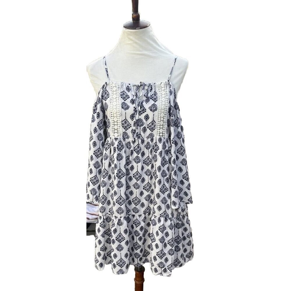 Glamorous Tile Print Cold Shoulder Mini Dress Size Small Lace Insert - Picture 13 of 14